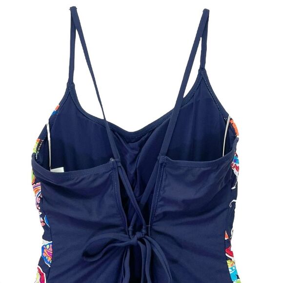 NWT Anne Cole Paisley Pom Lace-Up One Piece Swimsuit Navy Blue Multi Size 14 - Picture 6 of 16